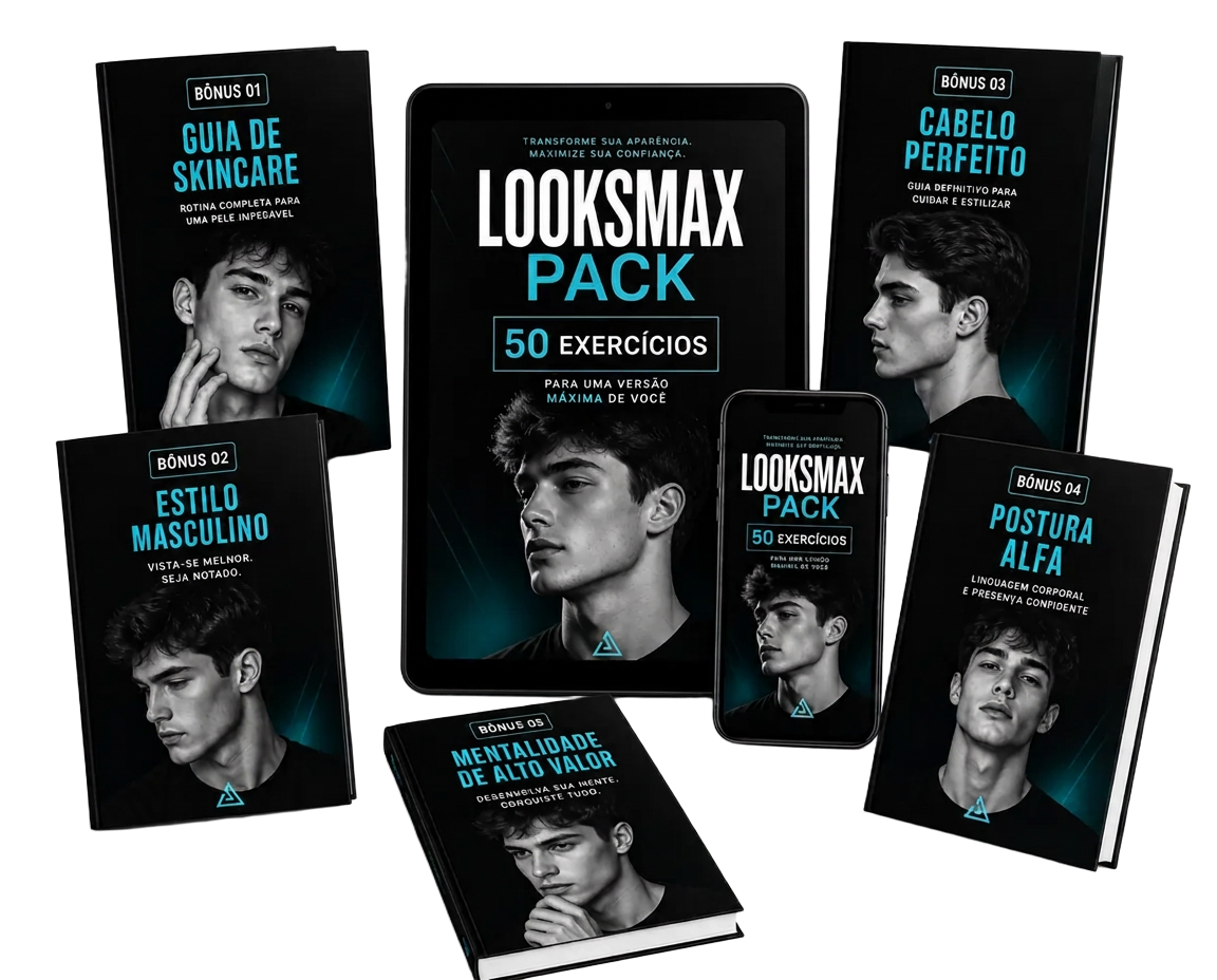 Mockup do plano completo do LOOKSMAX PACK com os 5 bônus